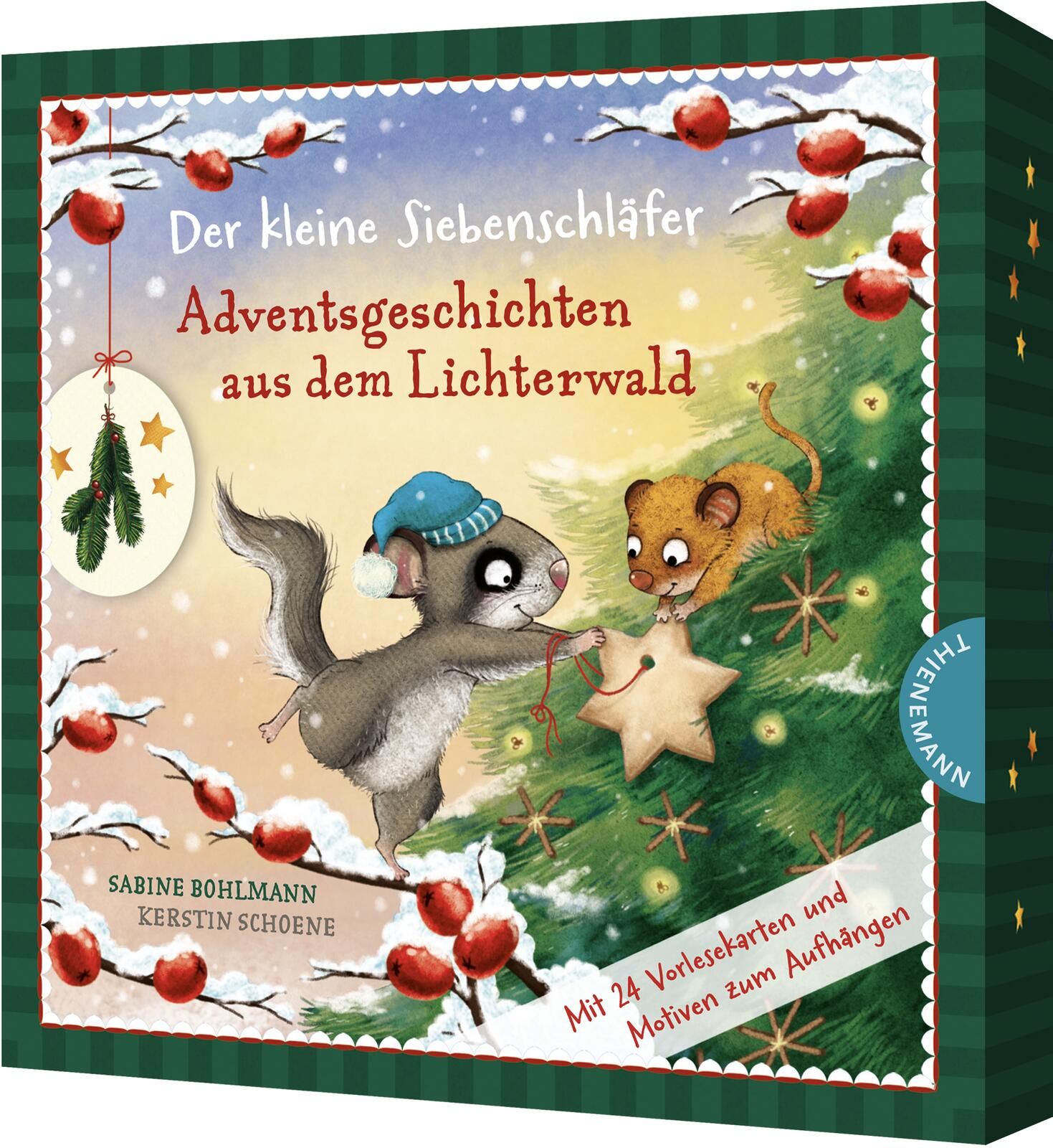 Buchcover: "Der kleine Siebenschläfer". Illustration mit Mäusen, Weihnachtsbaum und Schriftzug. Verlag THIENEMANN.