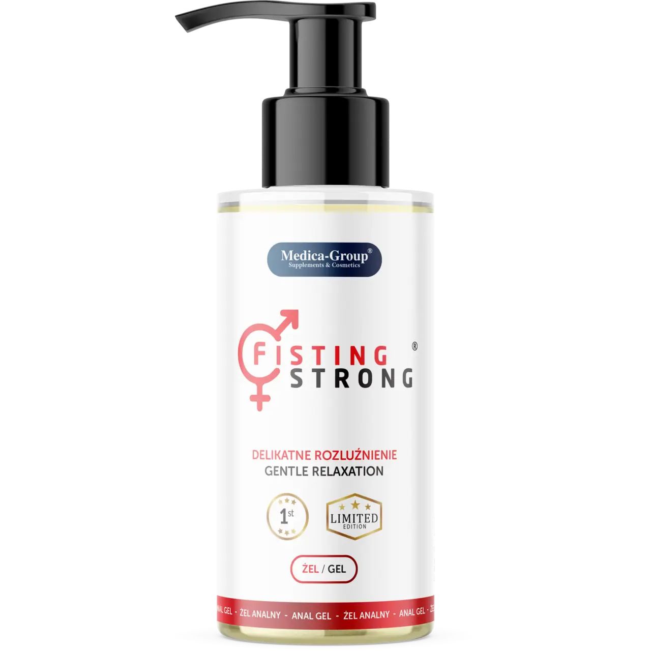 Gel-Flasche mit schwarzem Pumpkopf. Aufschrift: FISTING STRONG, DELIKATNE ROZLUŹNIENIE, GENTLE RELAXATION, ZEL/GEL, ANAL GEL.