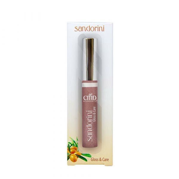 Lipgloss in Verpackung. Produktname: Sandorini Gloss & Care. Marke: CMD Naturkosmetik. Farbton: Schimmer. Mit Applikator.