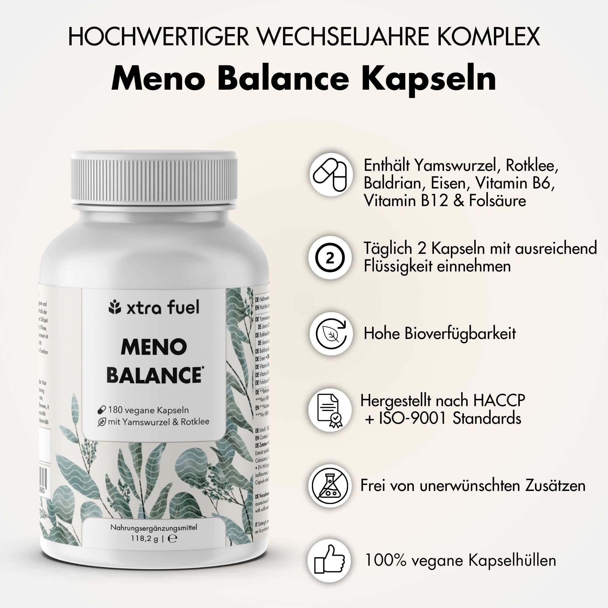 Weiße Flasche mit Kapseln. Text: Meno Balance, 180 vegane Kapseln. Zusätzliche Informationen auf der rechten Seite.