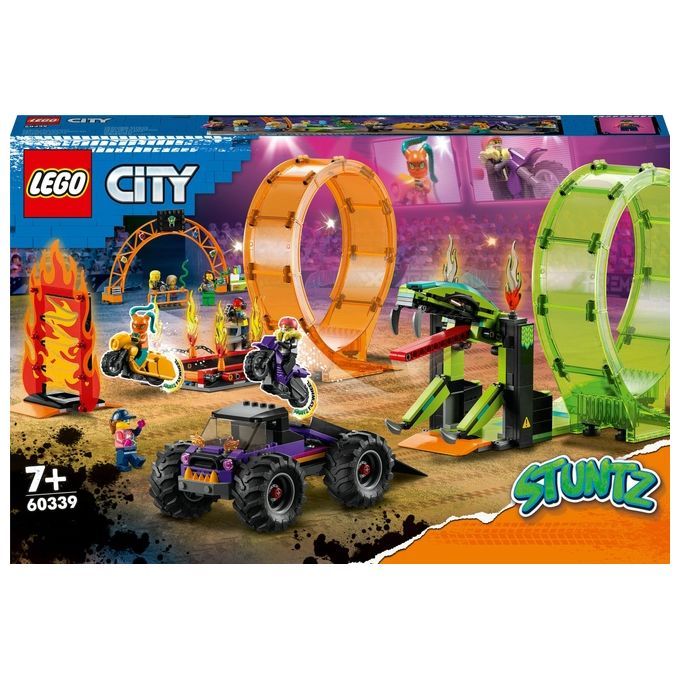 LEGO City Stuntz Arena, set 60339. La confezione mostra un'arena di acrobazie con moto, un monster truck e vari ostacoli come un anello di fuoco e una rampa. Il set è adatto a bambini dai 7 anni in su.