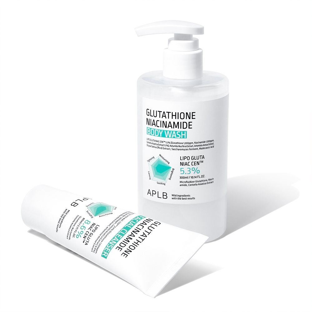 Flasche und Tube Body Wash. Aufschrift: Glutathione Niacinamide Body Wash. Tube: Facial Cleanser. Mit Dosierpumpe.