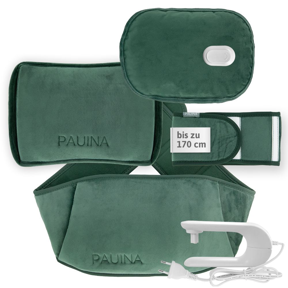 Grüne Wärmflasche mit Zubehör. Enthält Heizstab, Gürtel, und Stoffbeutel. PAUINA-Logo sichtbar.