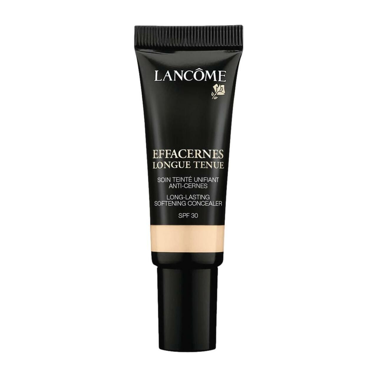 Schwarze Tube mit Produkt. Aufschrift: Lancôme, Effacernes Longue Tenue, SPF 30. Beige Produktfarbe sichtbar.