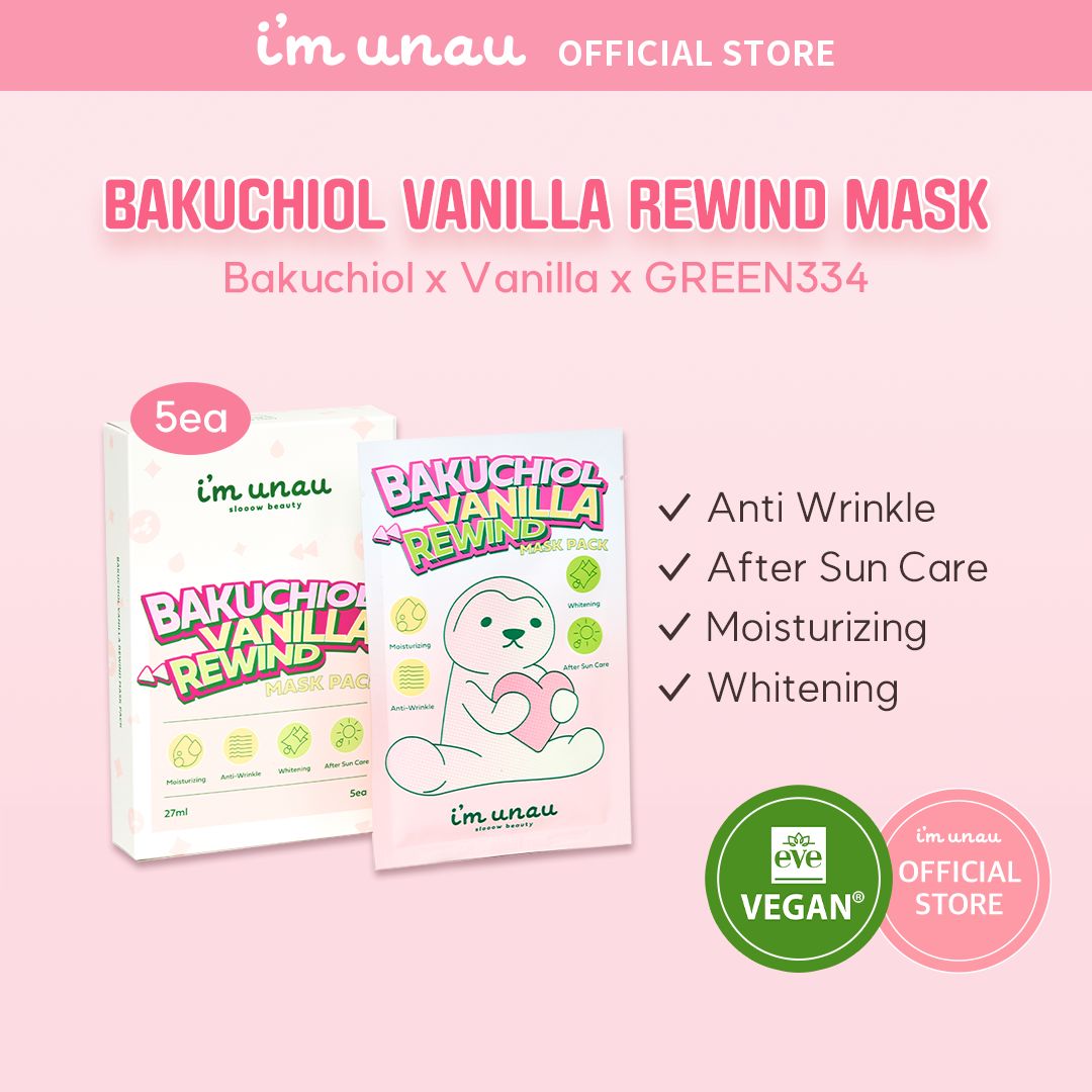Verpackung und Einzelverpackung der Bakuchiol Vanilla Rewind Mask. Aufschrift: i'm unaau, Bakuchiol Vanilla Rewind Mask. Vegan-Zertifizierung.