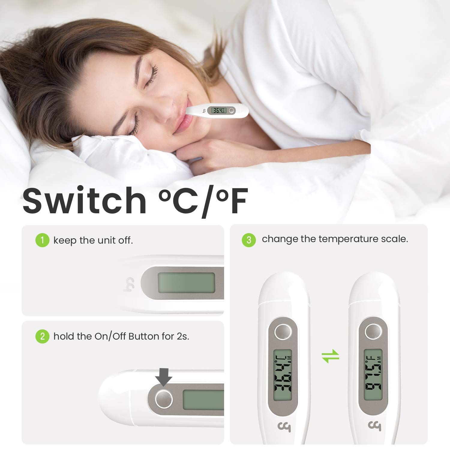 Anleitung zum Wechseln der Temperatureinheit (°C/°F) auf einem digitalen Thermometer. Zwei Thermometer zeigen unterschiedliche Temperaturen.