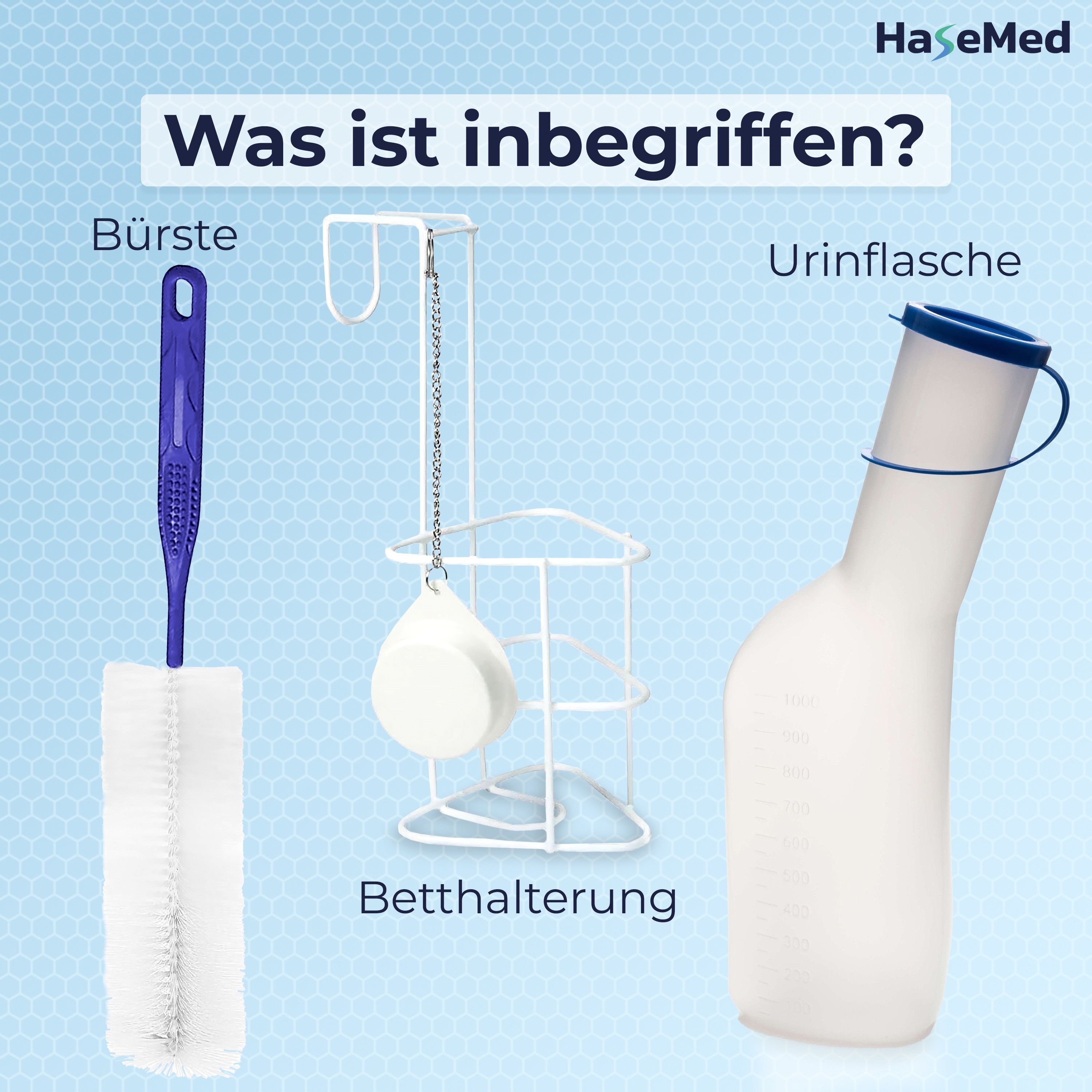Abbildung der Bestandteile: Bürste, Betthalterung und Urinflasche. Die Bürste hat einen blauen Griff. Die Urinflasche hat einen blauen Deckel.