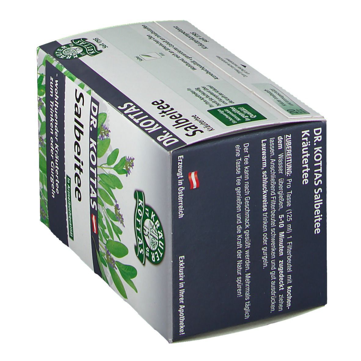 Dr. Kottas Salbeitee-Schachtel. Kräuterabbildung, Text und Logo. Winkelansicht. Hergestellt in Österreich.
