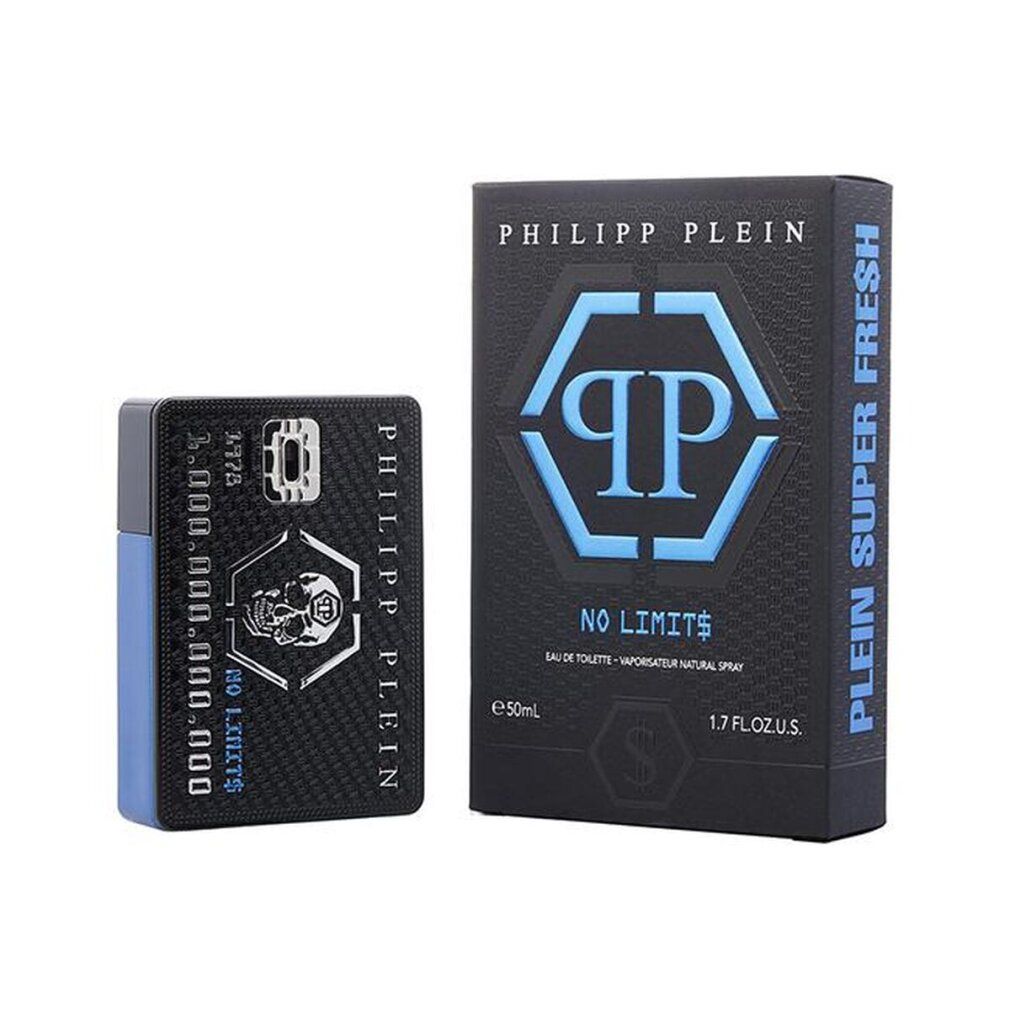 Schwarzes Produkt und Verpackung. Produkt mit Totenkopf-Design, "NO LIMIT$" und "PHILIPP PLEIN". Verpackung mit Logo und Text.
