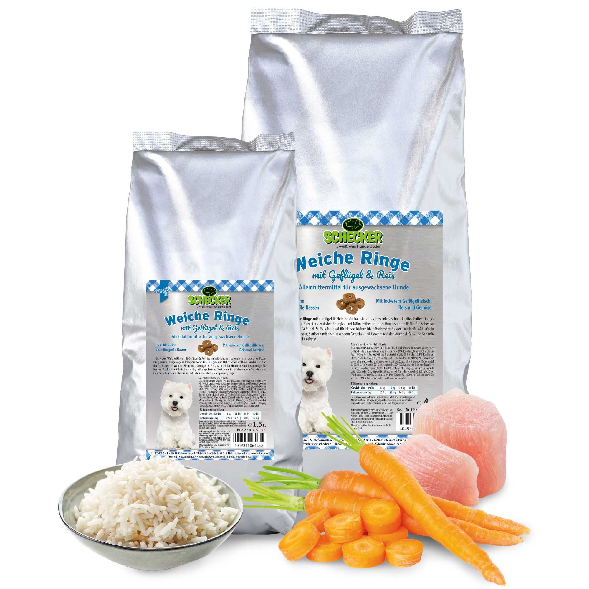 Zwei Beutel Schecker Weiche Ringe Trockenfutter. Abgebildet sind auch Reis, Karotten und Fleisch. Produktname und Hundefoto.