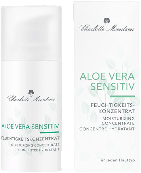 Weißes Fläschchen und Schachtel. Aufschrift: Aloe Vera Sensitiv, Feuchtigkeits-Konzentrat, Charlotte Meentzen. Für jeden Hauttyp.
