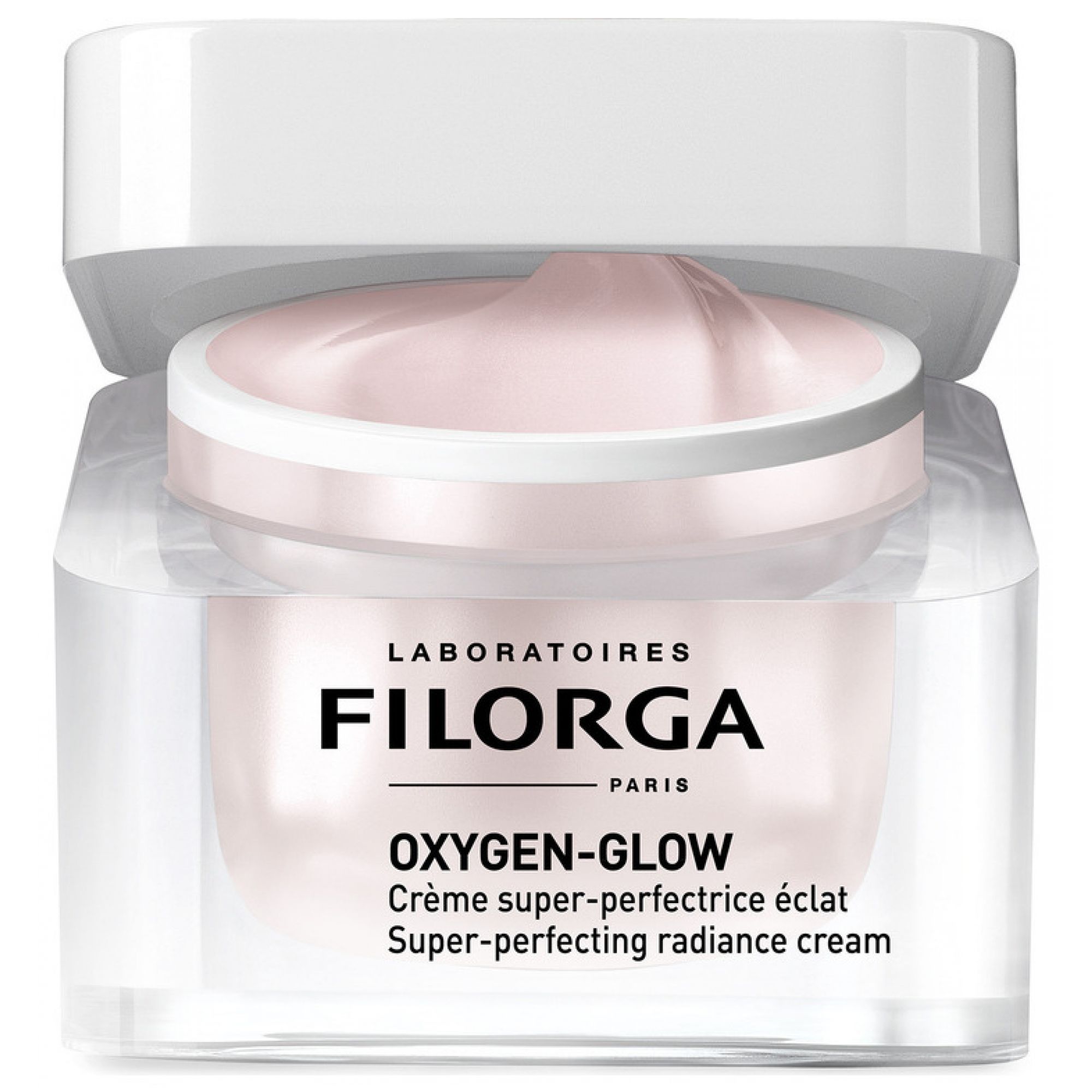 Filorga Oxygen-Glow Super-Perfecting Radiance Cream in einem transparenten Tiegel.
