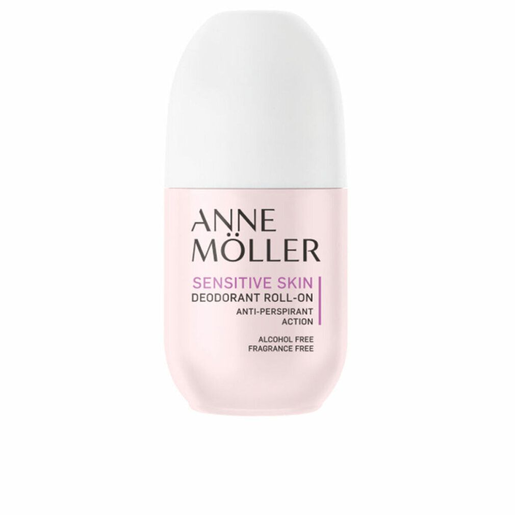 Deoroller, weißer Deckel, rosa Behälter. Aufschrift: ANNE MÖLLER, SENSITIVE SKIN, DEODORANT ROLL-ON, ANTI-PERSPIRANT ACTION. Auf weißem Hintergrund.