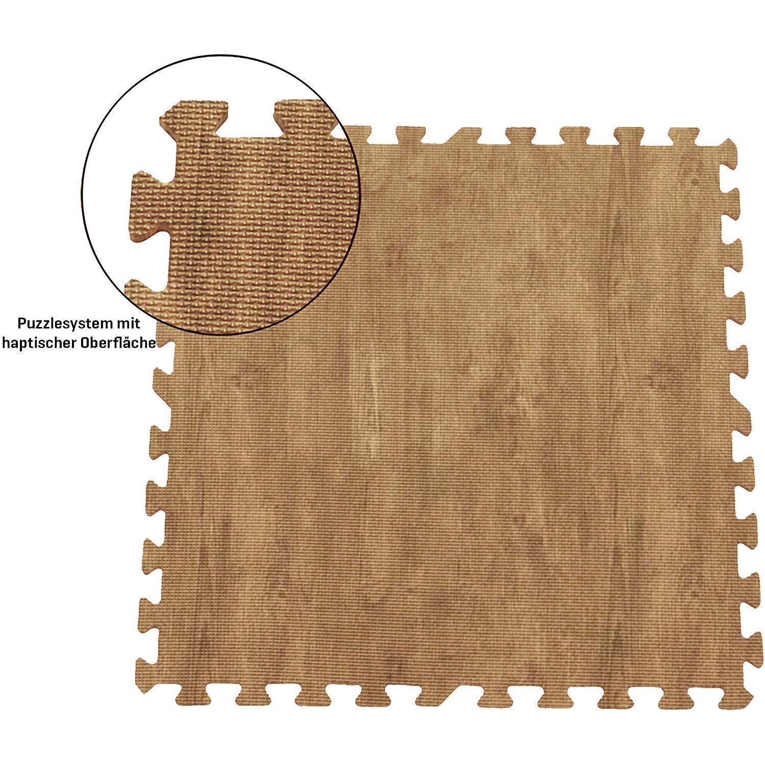 Braune Schutzmatte in Holzoptik. Puzzle-Design mit Zahnkanten. Detailansicht der Oberfläche mit Holzmaserung. Text: Puzzle-System.