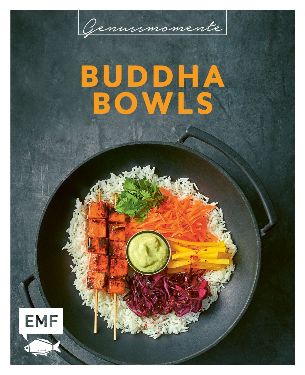 Schwarze Schüssel mit Reis, Gemüse und Spießen. Text: Buddha Bowls, Genussmomente, EMF.