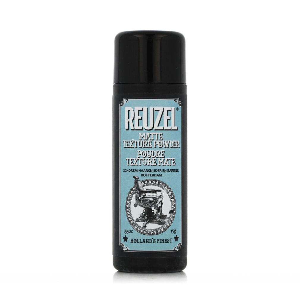 Reuzel Matte Texture Powder Flasche mit schwarzem Deckel und Etikett, das einen Friseurstuhl zeigt.