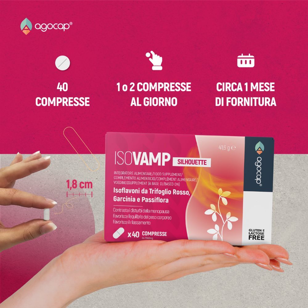 Mano che tiene una compressa e una scatola. Testo: 40 compresse, 1-2 compresse al giorno, circa 1 mese di fornitura. Nome e logo.