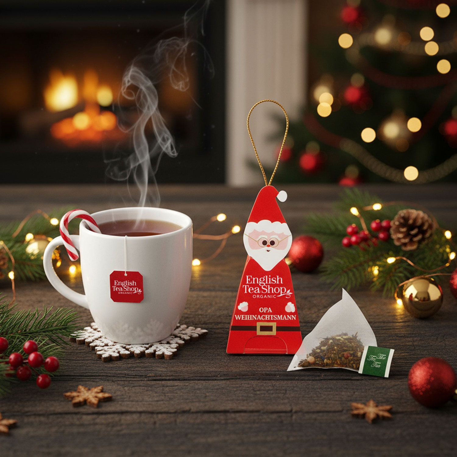 Tasse dampfenden Tees neben einem weihnachtlichen Tee-Anhänger in Form eines Weihnachtsmanns.