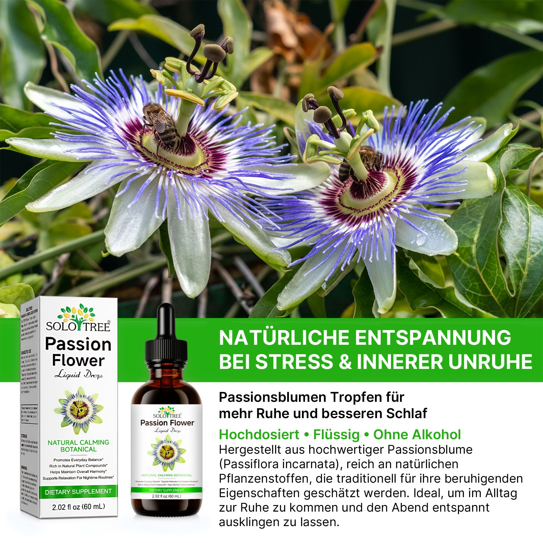 Eine Flasche 'Passion Flower Liquid Drops' neben zwei blühenden Passionsblumen.