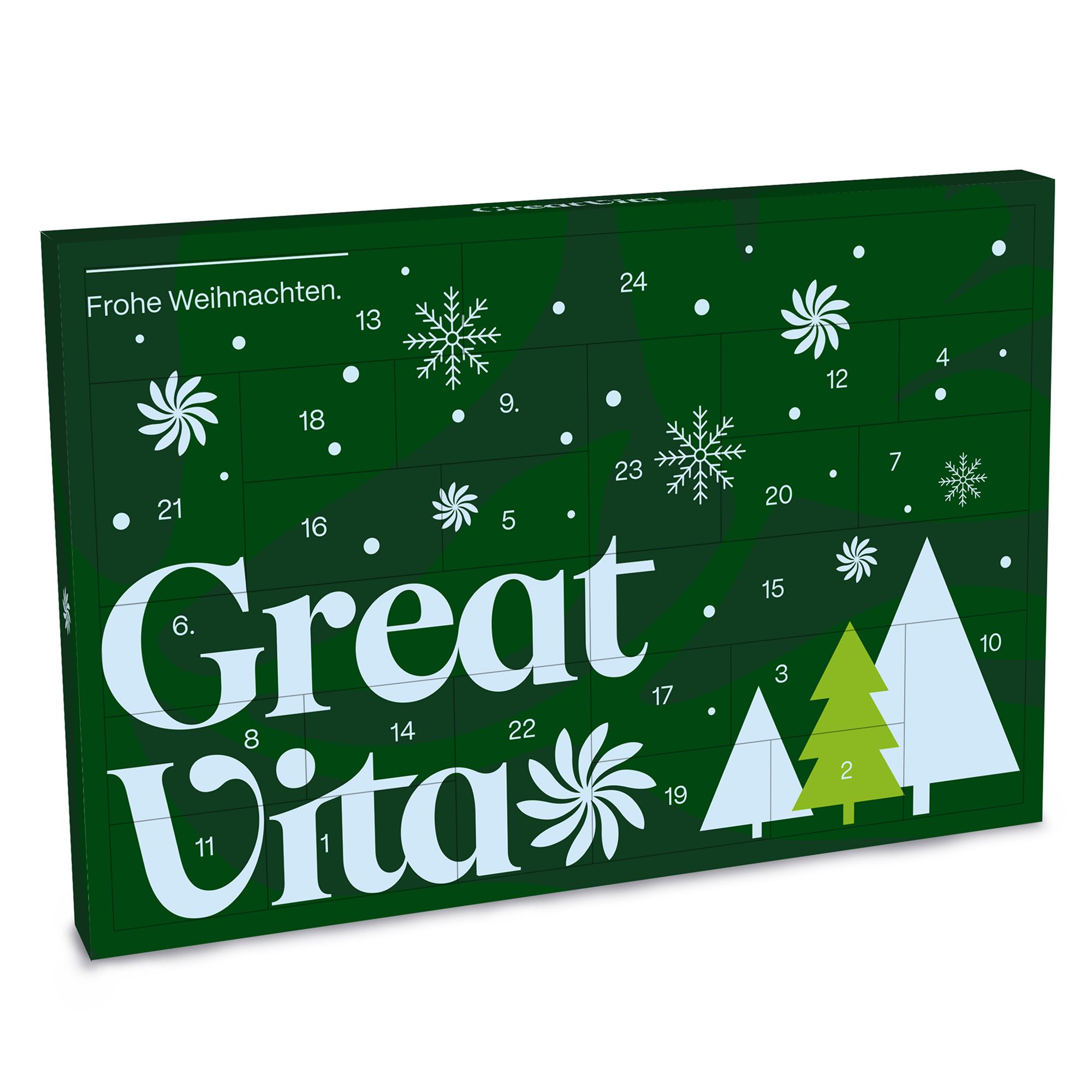 Grüner Adventskalender "Great Vita" mit der Aufschrift "Frohe Weihnachten" und stilisierten Weihnachtsbäumen.