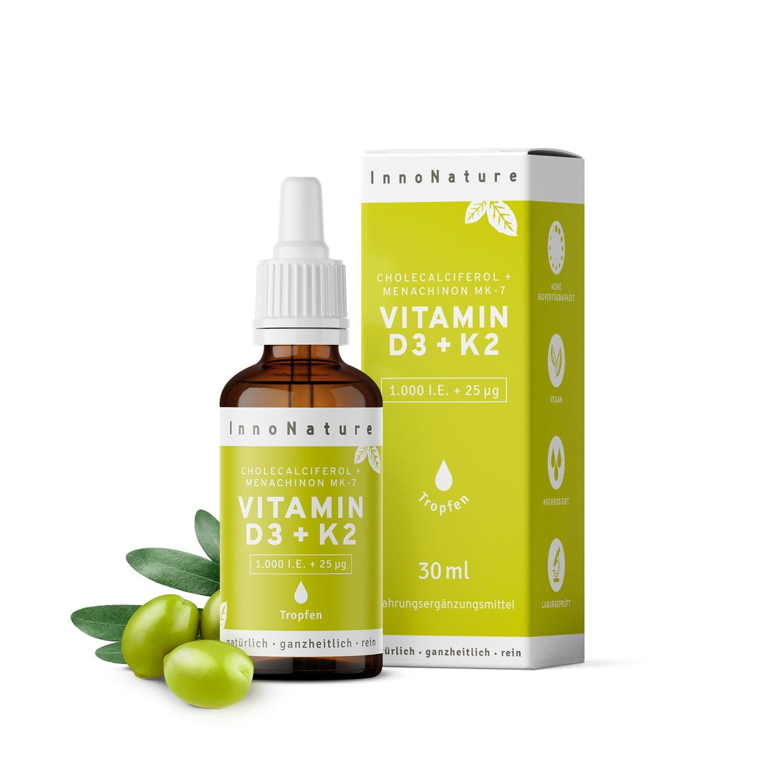 InnoNature Vitamin D3+K2 Tropfen, 30ml | natürlich aus Flechten und Natto in Olivenöl, Vegan 30 ml Tropfen