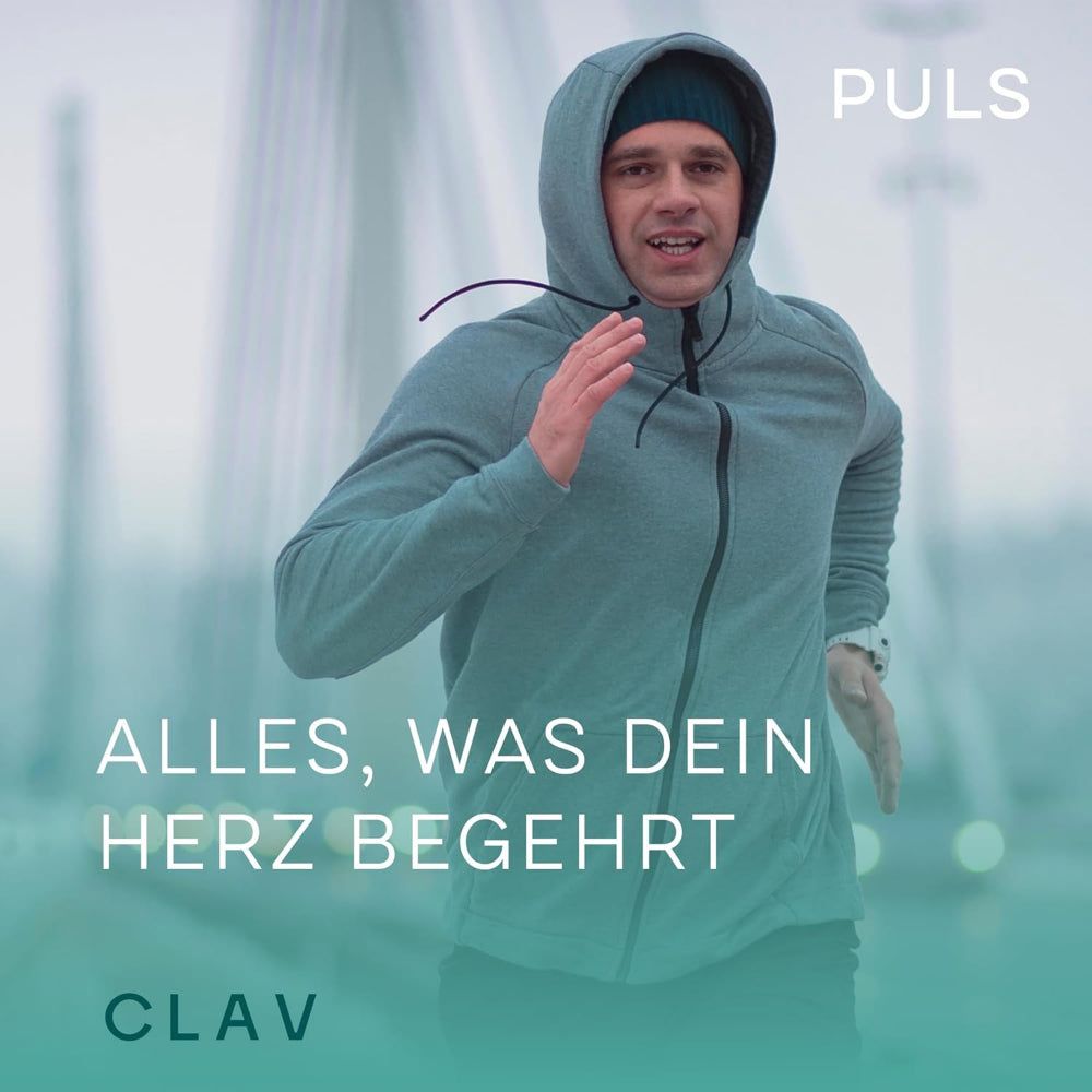 Mann in Sportkleidung rennt. Text: Alles, was dein Herz begehrt. Marke: CLAV. Hintergrund: verschwommene Brücke.