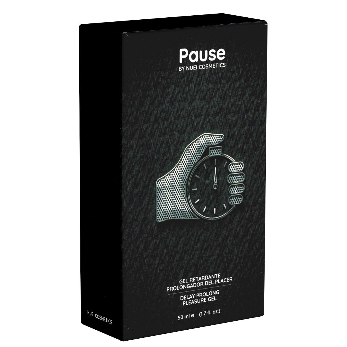 Schwarze Produktverpackung. Aufschrift: Pause by NUEI Cosmetics. Gel Retardante, Delay Prolong Pleasure Gel. 50 ml.