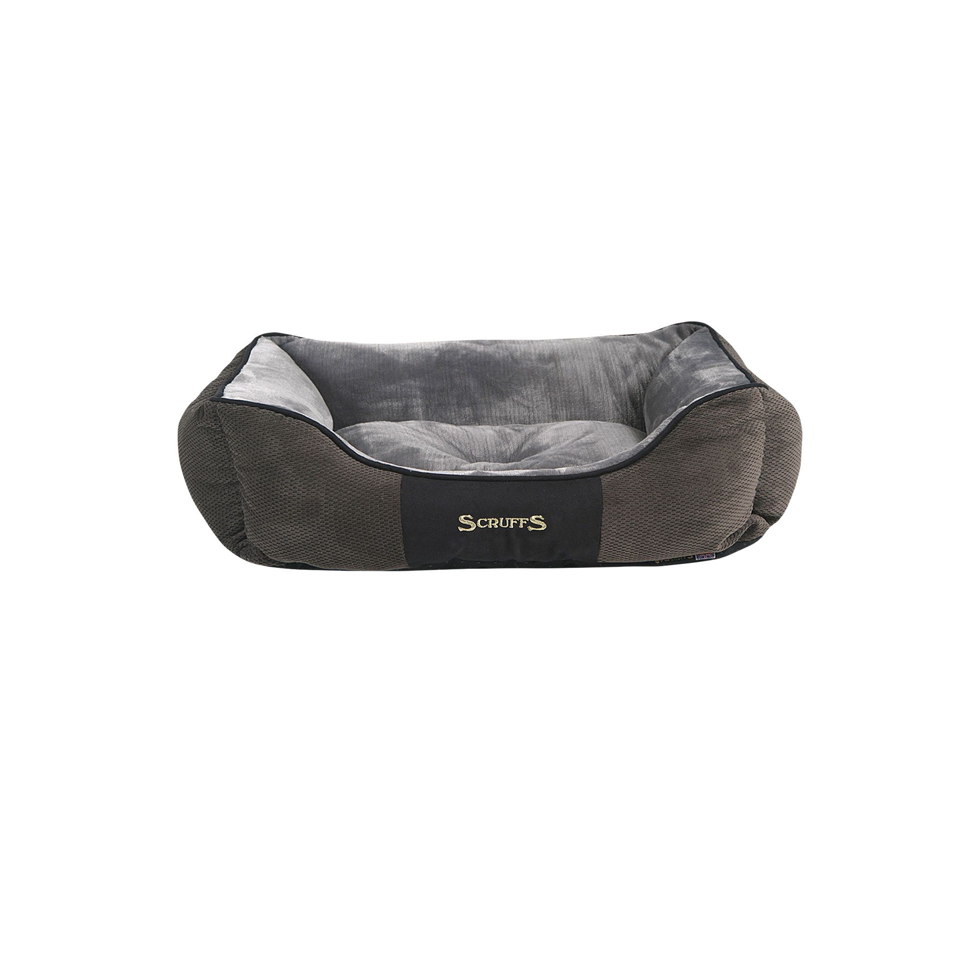 Grau-brauner Hundebett mit Plüschstoff und Anti-Rutsch-Noppen. Schwarzes Band mit goldener SCRUFFS®-Schriftzug.