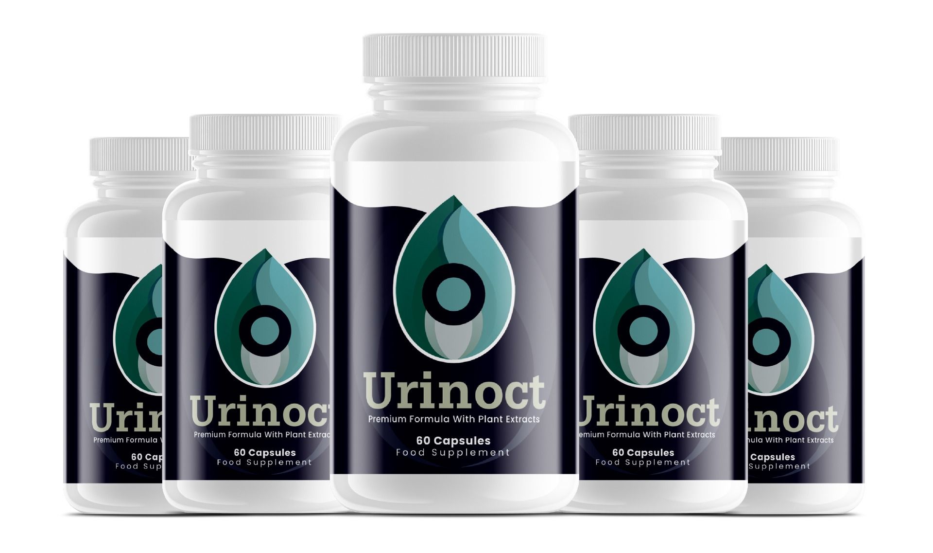 Fünf weiße Flaschen mit schwarzem Etikett. Aufschrift: Urinoct, 60 Kapseln, Nahrungsergänzungsmittel. Tropfen-Logo.