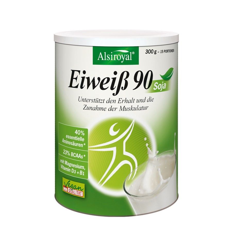 Zylinderdose mit Produktaufdruck. Aufschrift: Alsiroyal Eiweiß 90. Grün-weiße Farbgebung. Vegan-Siegel.