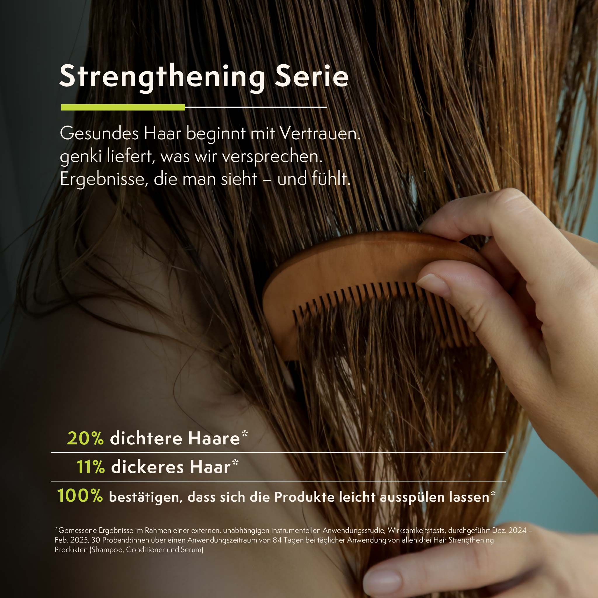 Haare werden mit Kamm gekämmt. Text: 20% dichtere Haare, 11% dickeres Haar. Genki-Logo.