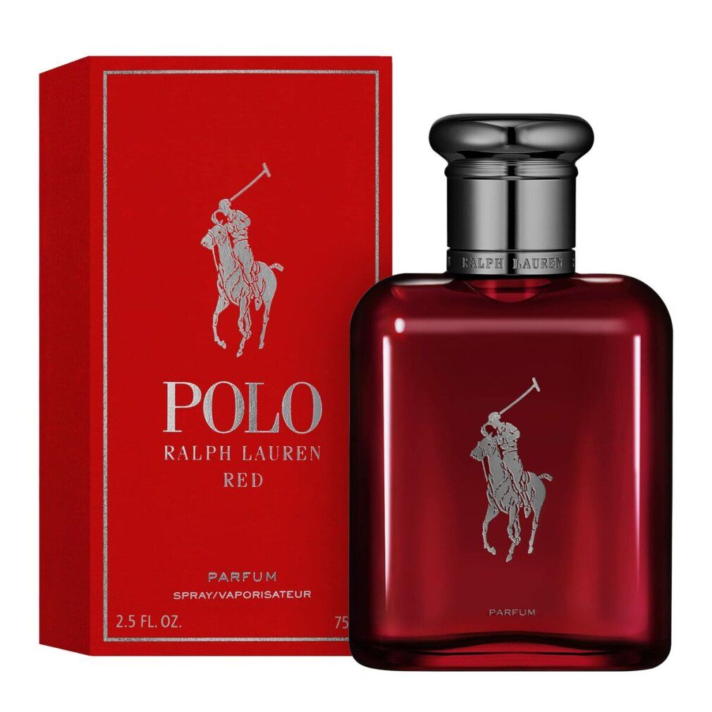 Roter Flakon und Verpackung. Logo und Schriftzug POLO RED. Aufschrift PARFUM. Rechteckige Form.