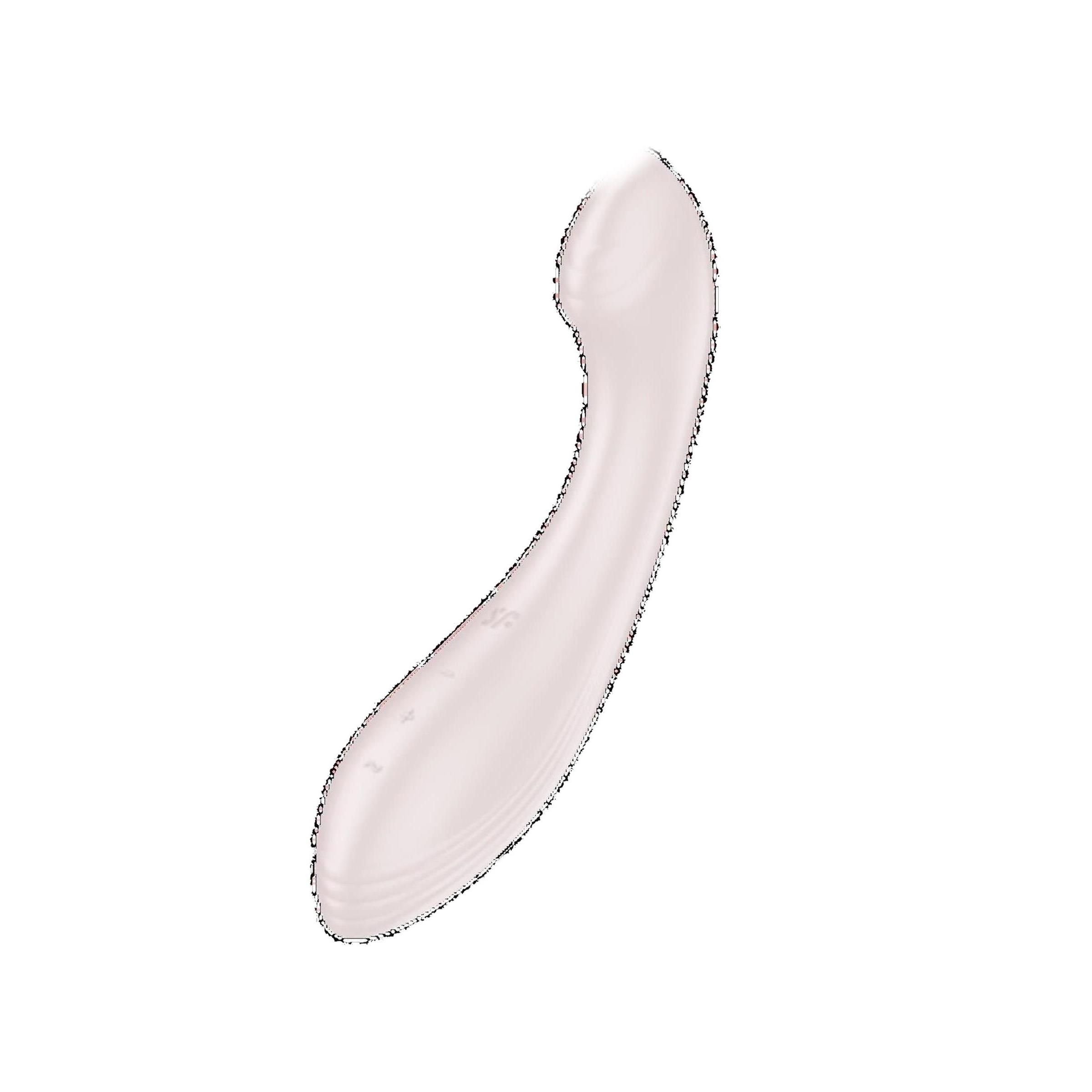 Hellrosa Vibrator mit geschwungener Form. Oberseite mit geriffelter Textur. SF-Logo sichtbar.