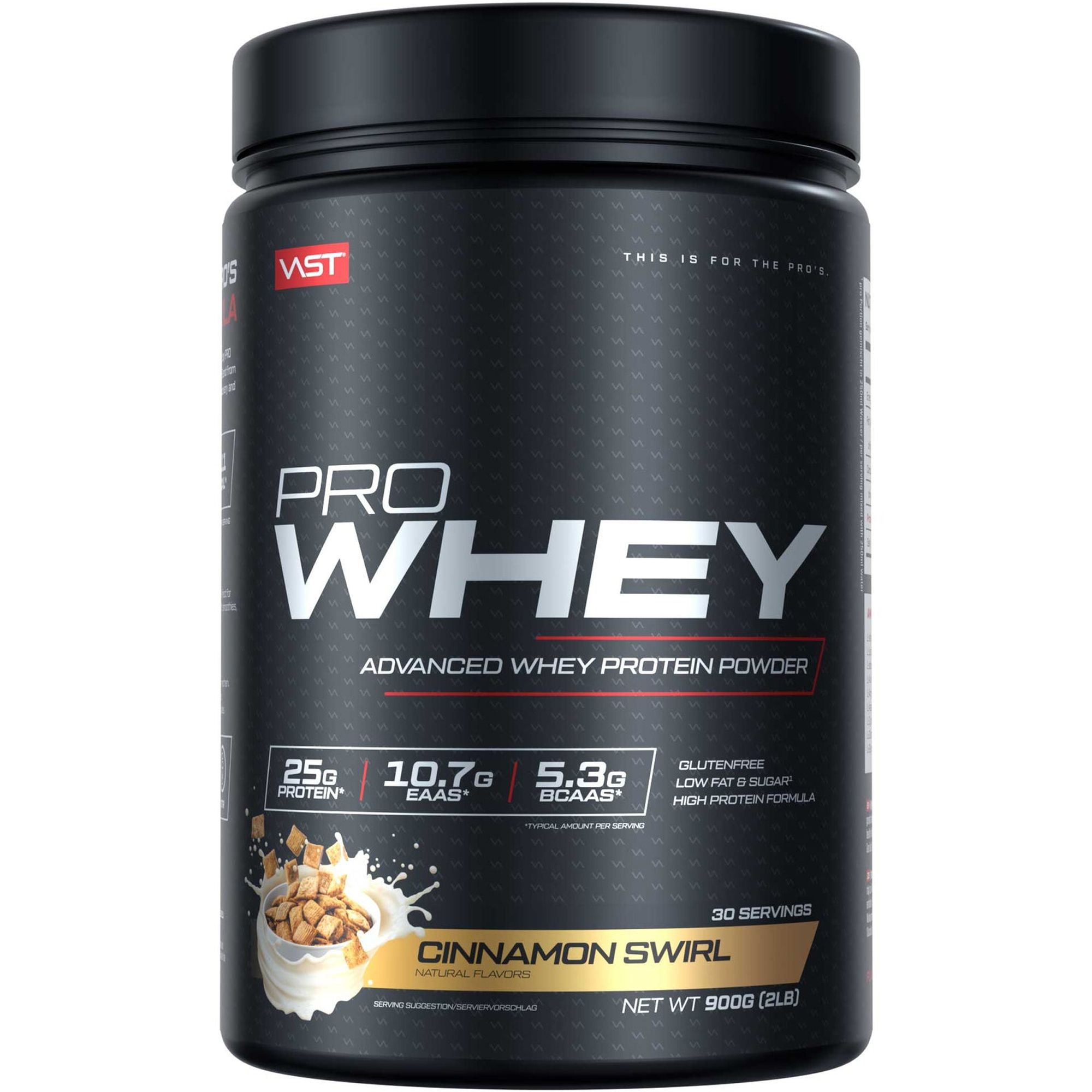 Schwarze Dose mit "PRO WHEY"-Aufdruck. Enthält 25g Protein, 10.7g EAAS, 5.3g BCAAs. "Cinnamon Swirl"-Geschmack. 900g.