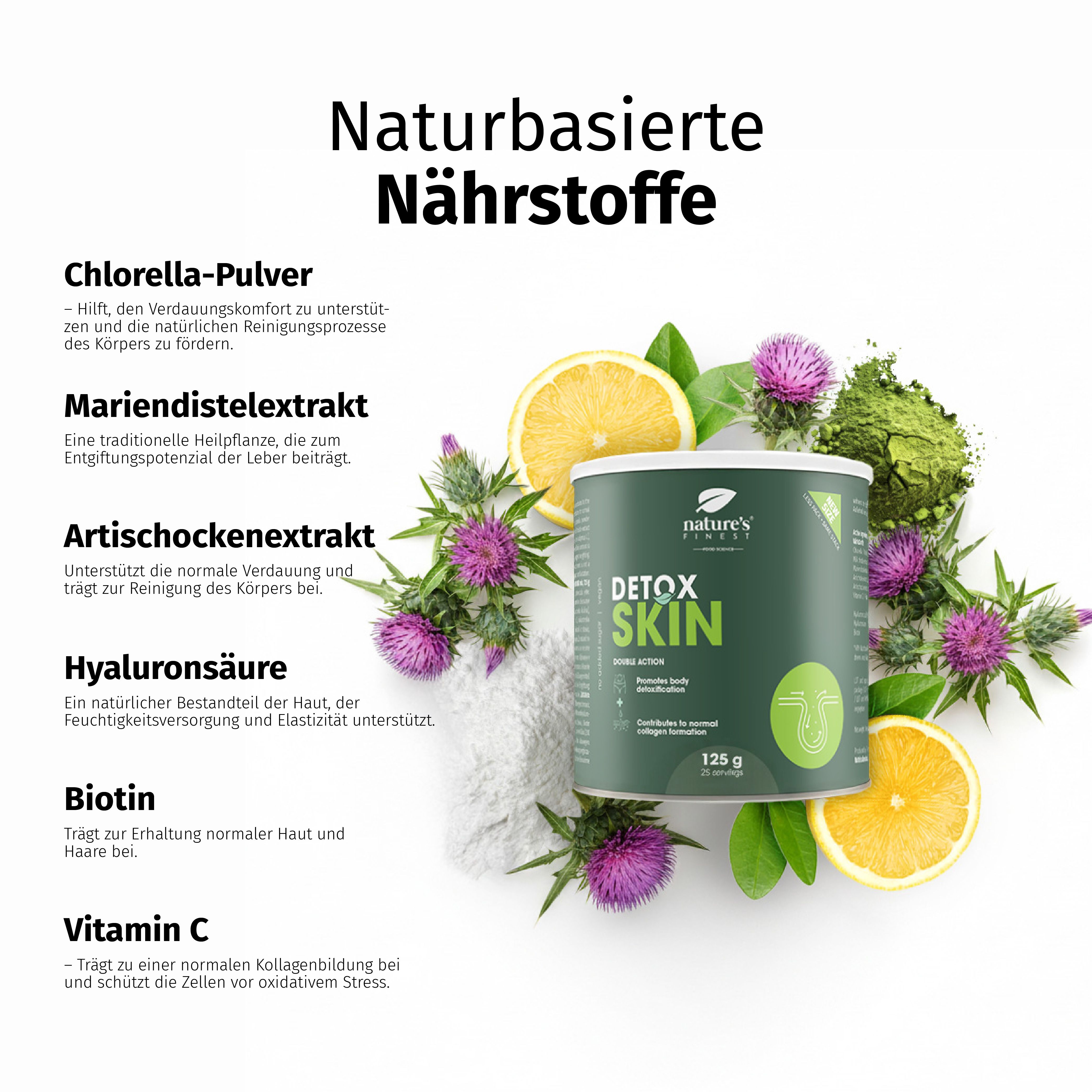 Dose 'DETOX SKIN' (125g) umgeben von Chlorella, Mariendistel, Artischocke, Zitrone und Blättern. Liste der Inhaltsstoffe und deren Vorteile.