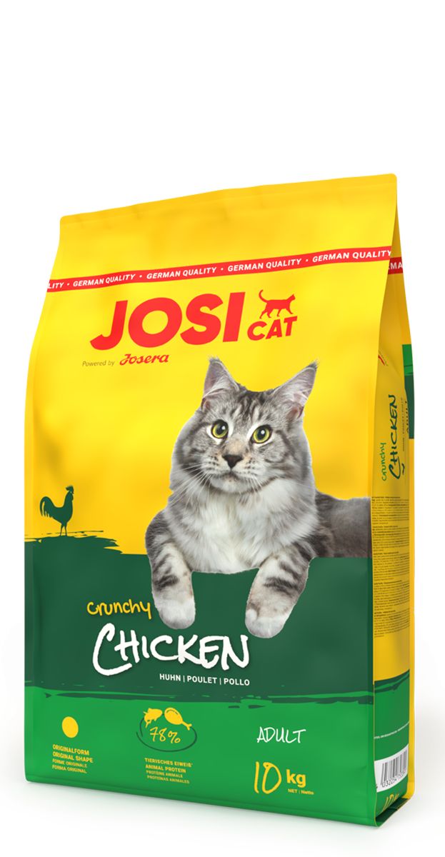 Gelb-grüne Verpackung von JosiCat Crunchy Chicken. Abgebildet ist eine Katze. Enthält 10 kg. Enthält 78% tierisches Eiweiß.