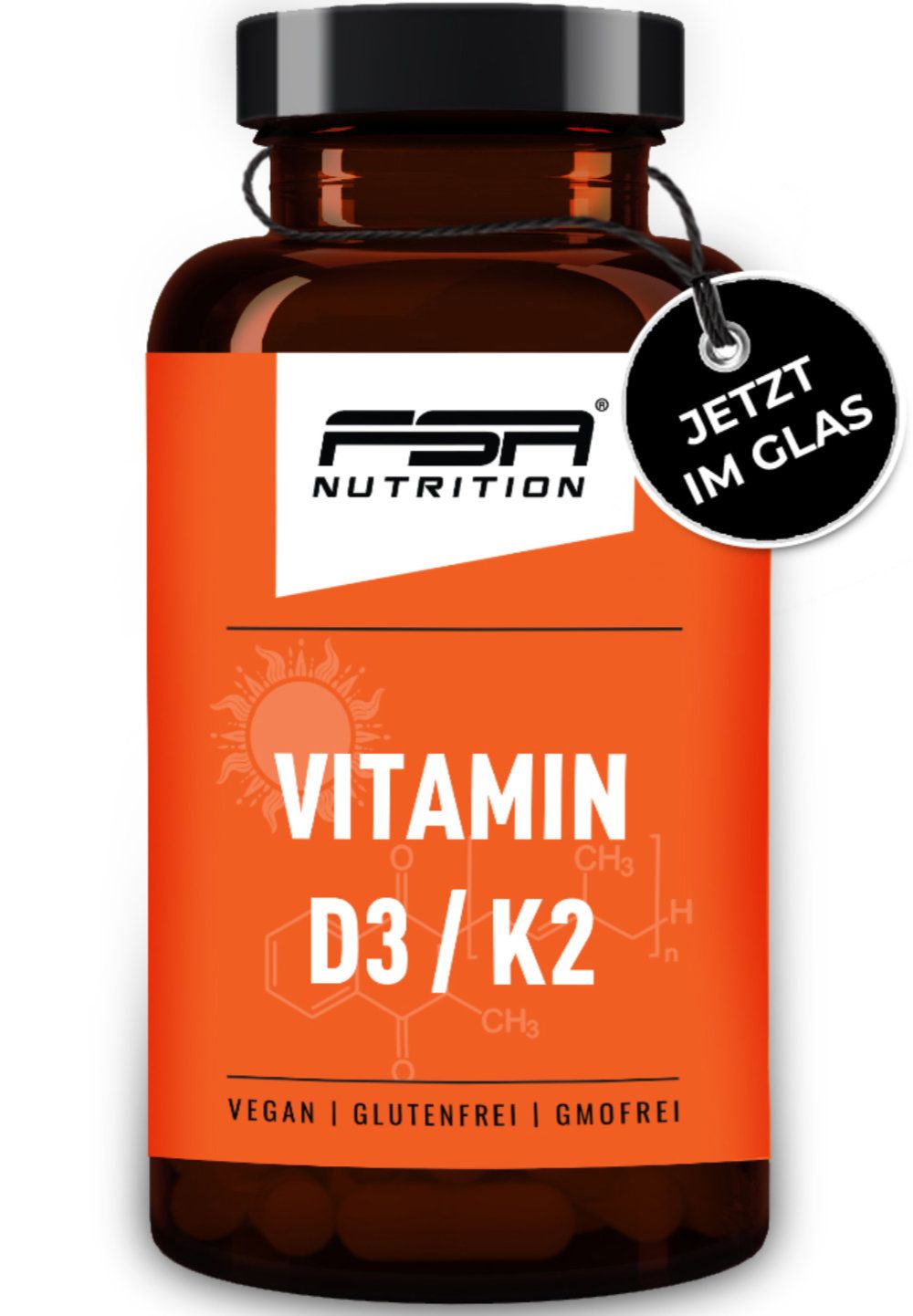 Braune Glasflasche mit orangefarbenem Etikett. Aufschrift: FSA NUTRITION Vitamin D3 / K2. Vegan, glutenfrei, GVO-frei. Schwarzer Deckel. Anhänger: Jetzt im Glas.