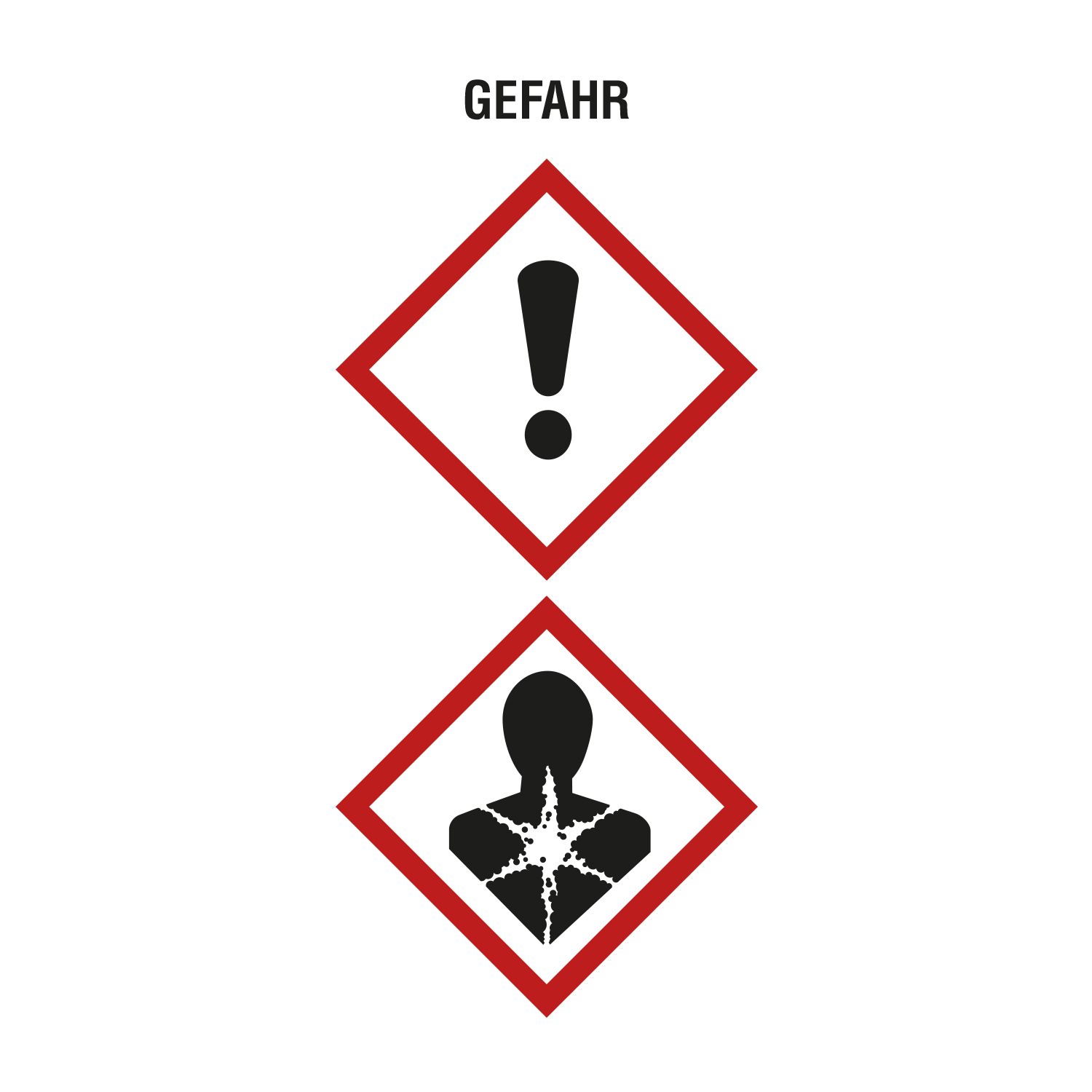 Gefahrensymbole: Ausrufezeichen in Raute und Person mit Stern in Raute. Text: GEFAHR.