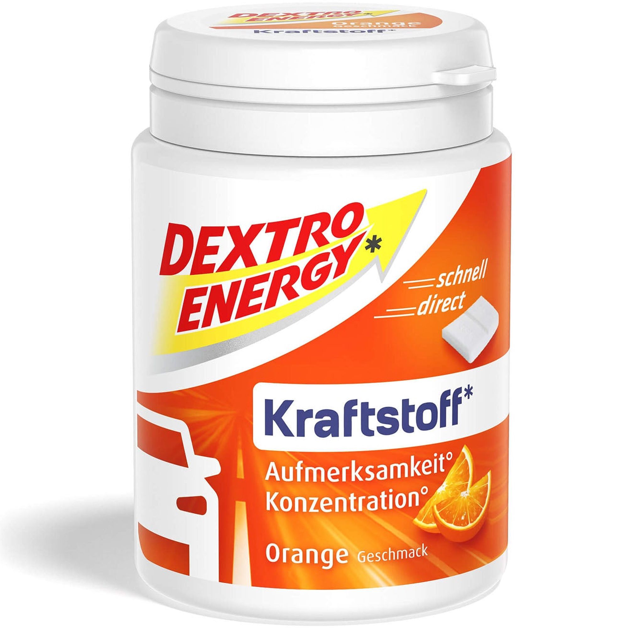Weiße Dose Dextro Energy Kraftstoff Orange. Orangefarbene Akzente, Logo und Text. Aufschrift: Aufmerksamkeit, Konzentration.