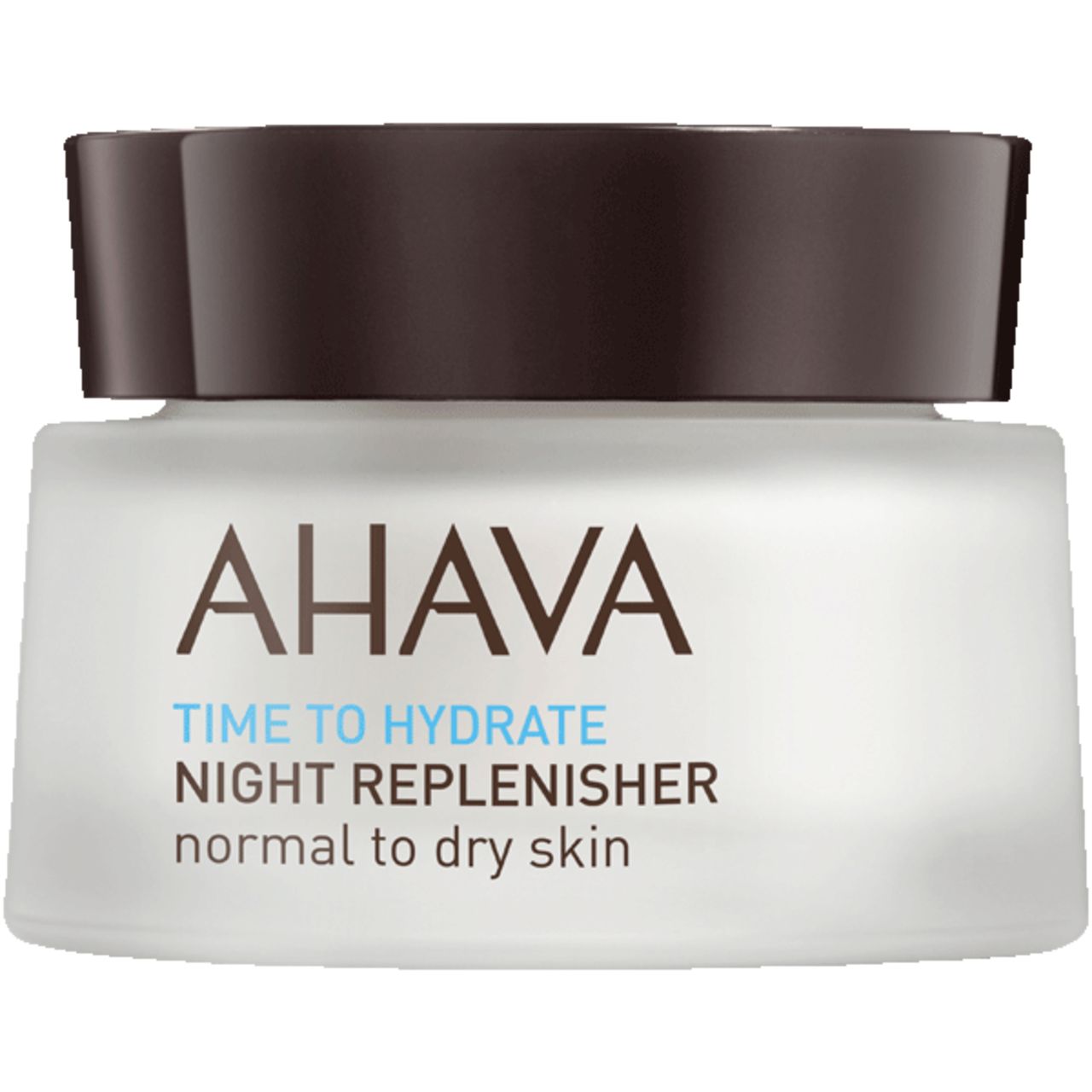 Cremebehälter mit Deckel. Aufschrift: AHAVA, TIME TO HYDRATE, NIGHT REPLENISHER, normal to dry skin.