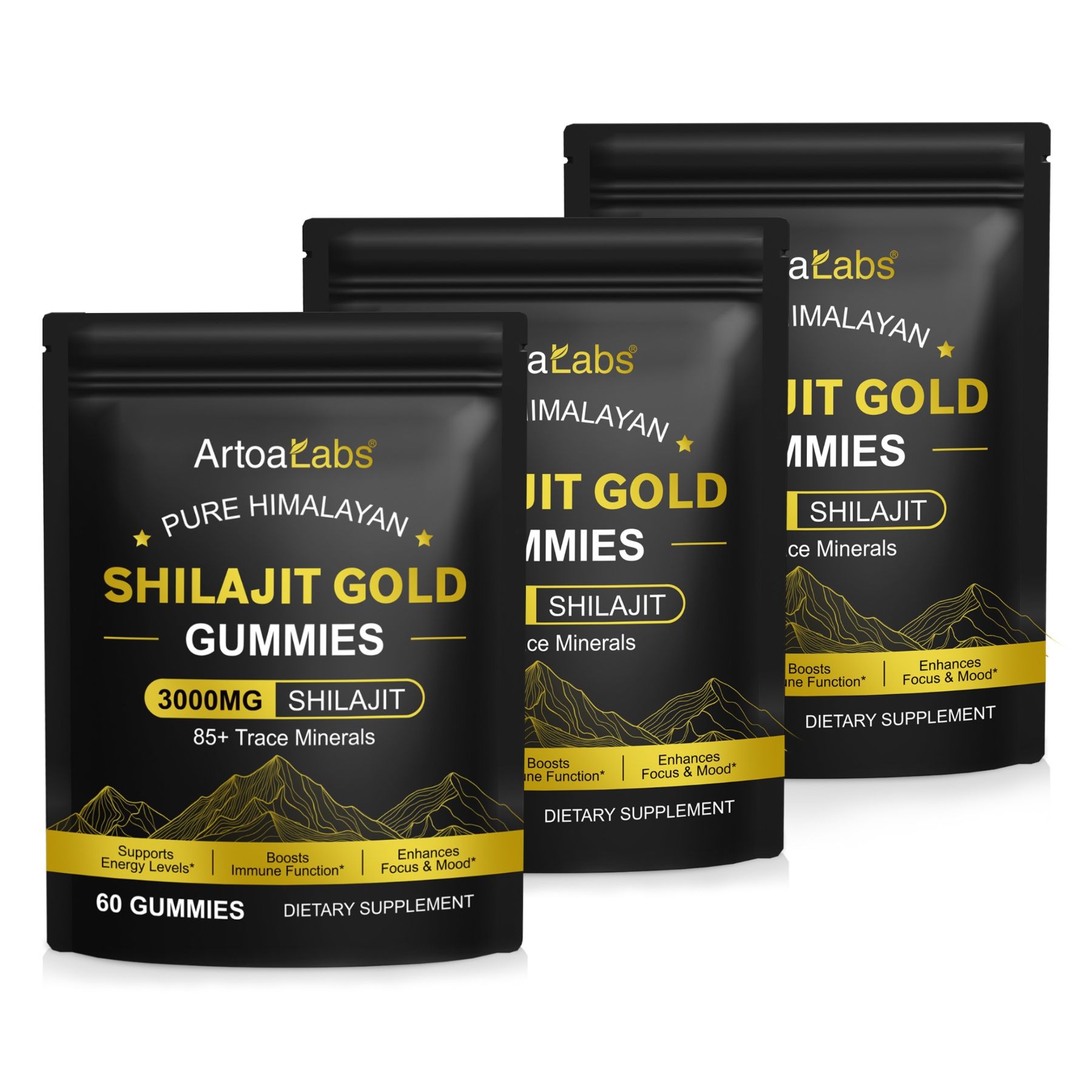 Drei schwarze Verpackungen. Text: ArtoaLabs, Shilajit Gold Gummies, 3000mg Shilajit, 60 Gummies. Dietary Supplement.