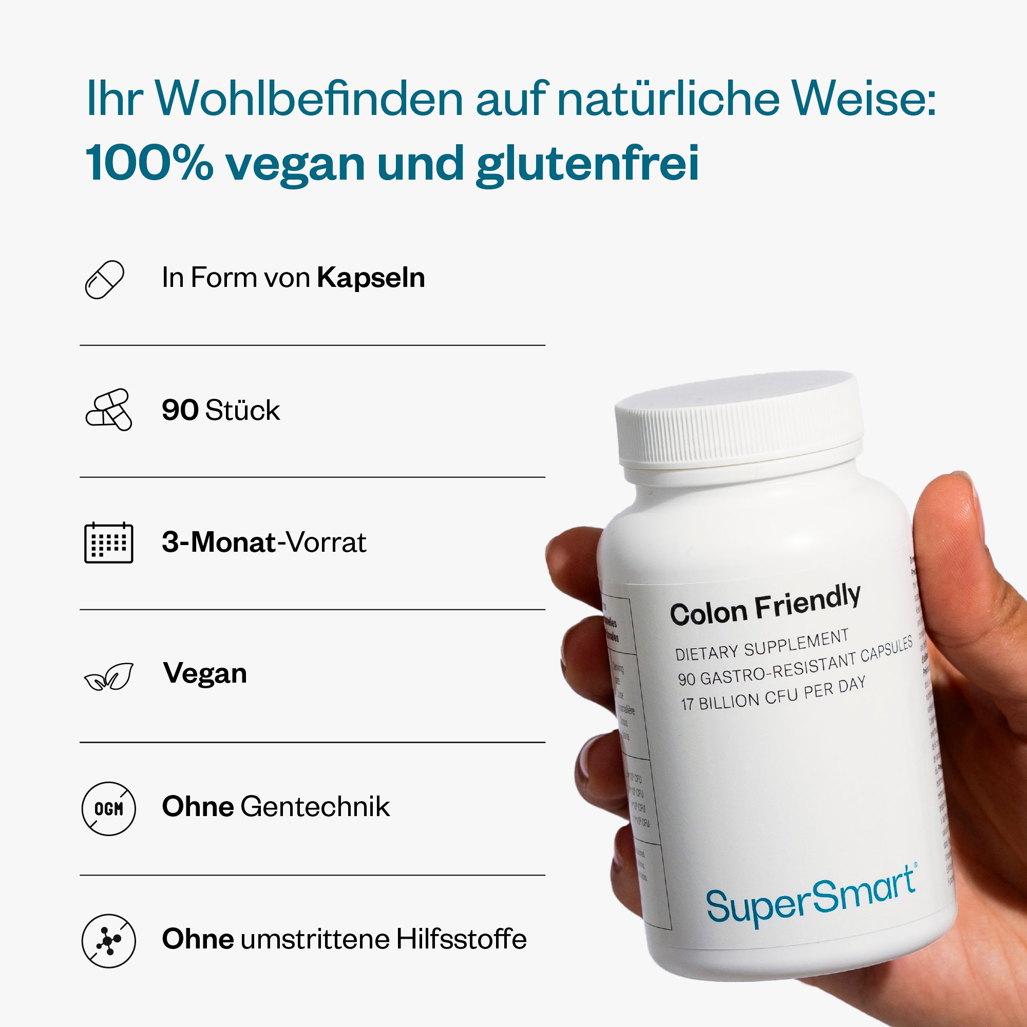 Hand hält eine weiße Flasche Colon Friendly. 90 Kapseln, 17 Milliarden CFU pro Tag, SuperSmart. 100% vegan.