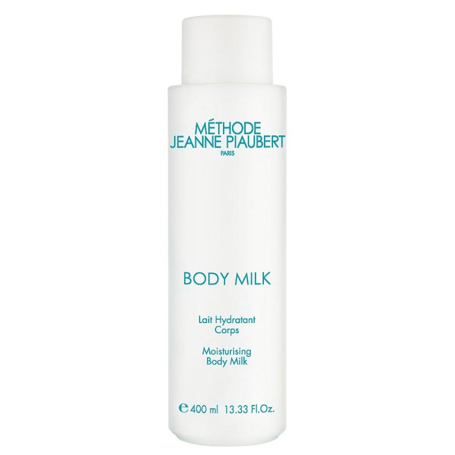 Weiße Flasche mit blauem Text. "Méthode Jeanne Piaubert" und "Body Milk" sind sichtbar. Volumen: 400 ml.
