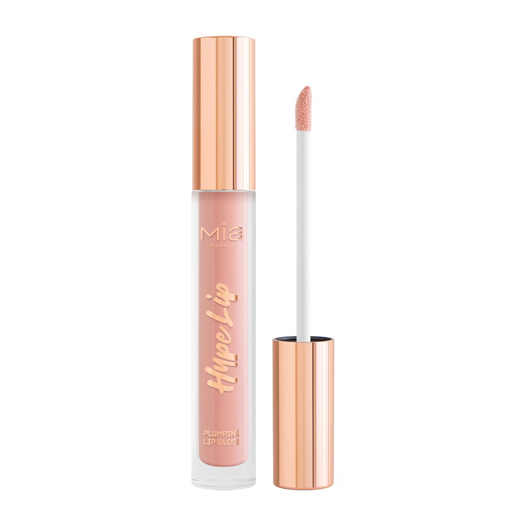 Flacone di lucidalabbra rosa con tappo dorato. Applicatore visibile. Scritta "Hype Lip" sul flacone.
