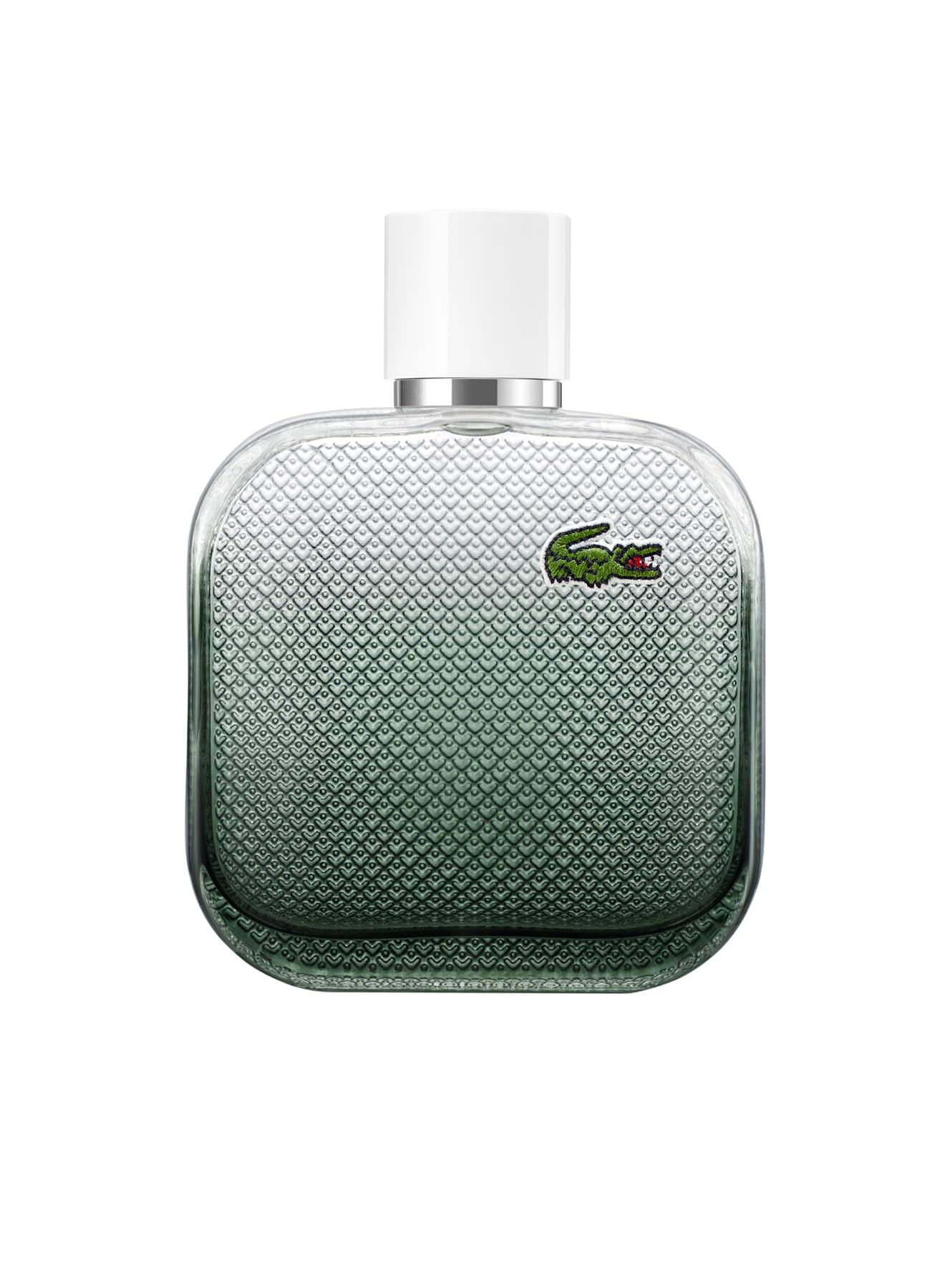 Flakon von Lacoste L.12.12 Blanc Eau Intense. Quadratische Form, grüner Farbverlauf, Krokodil-Logo, weißer Verschluss.