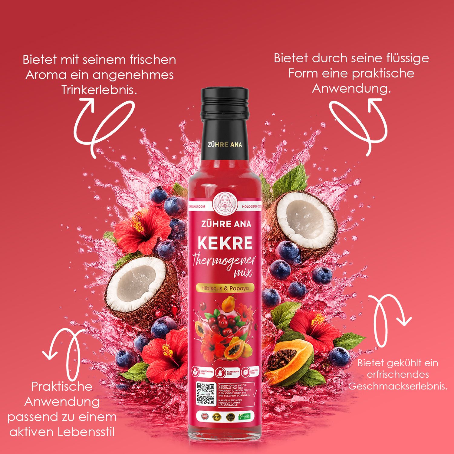 Flasche Zühre Ana Kekre Thermogenic Mix umgeben von Kokosnuss, Hibiskus, Beeren und Papaya.