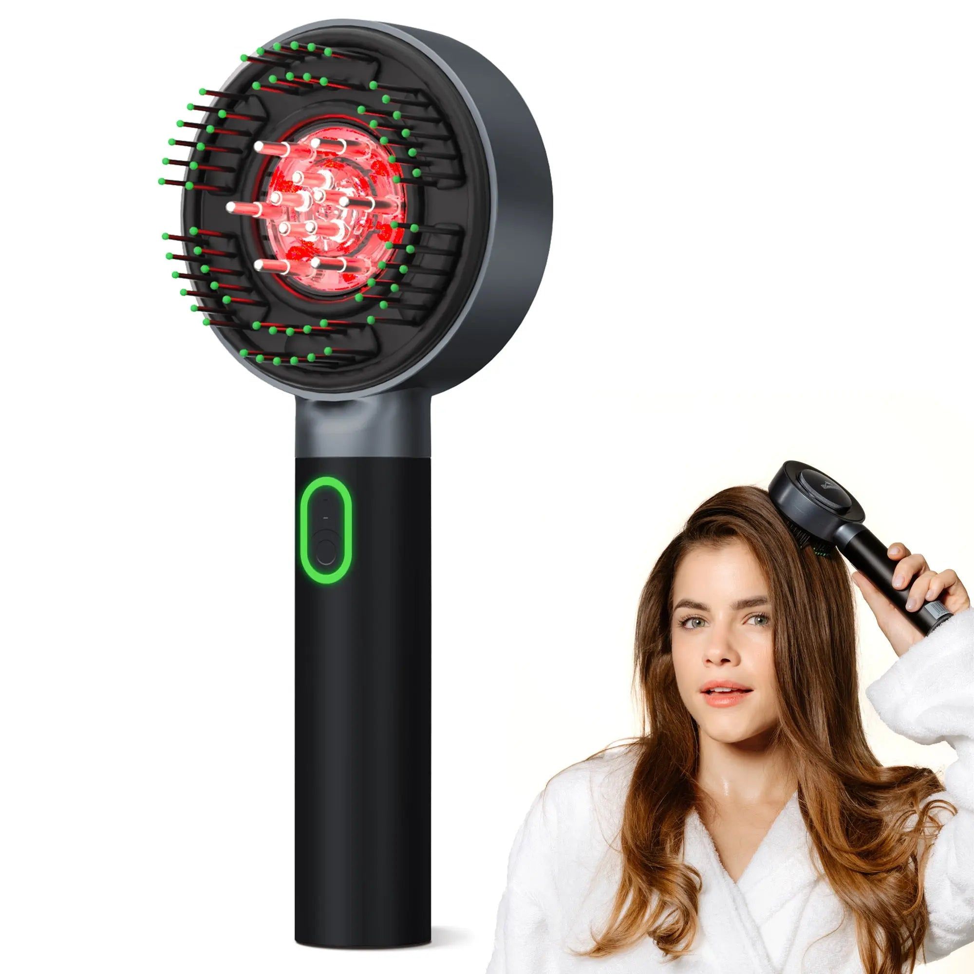 Kopfmassagegerät mit Serum-Applikation. Frau hält Gerät und Pipette. Text: Donnerberg Premiumanspruch.