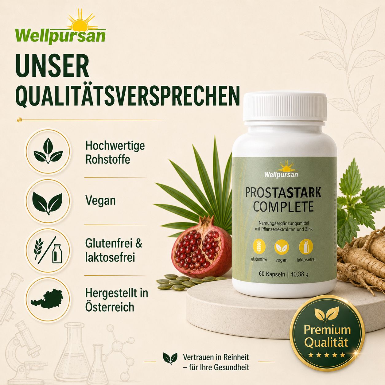 Wellpursan Prostastark Complete Dose, hergestellt in Österreich, vegan, glutenfrei, laktosefrei.