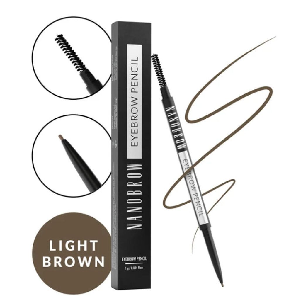 Nanobrow Eyebrow Pencil, hellbraun, mit Bürste und Stift. Schwarze Verpackung mit Produktnamen. Zusätzliche Nahaufnahmen.