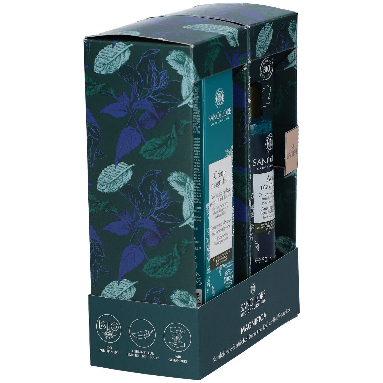 Geschenkset mit zwei Produkten. Sanoflore-Logo und Magnifica-Schriftzug auf der Verpackung. Bio-Zertifizierung.